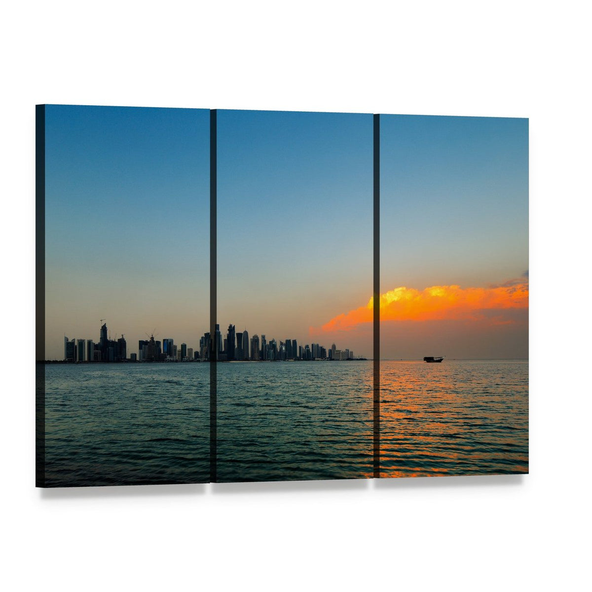 Qatar City Skyline at Sunset Canvas Wall Art, 3 panel 3 Horizontal layout gallery wrapped canvas set, angled product view