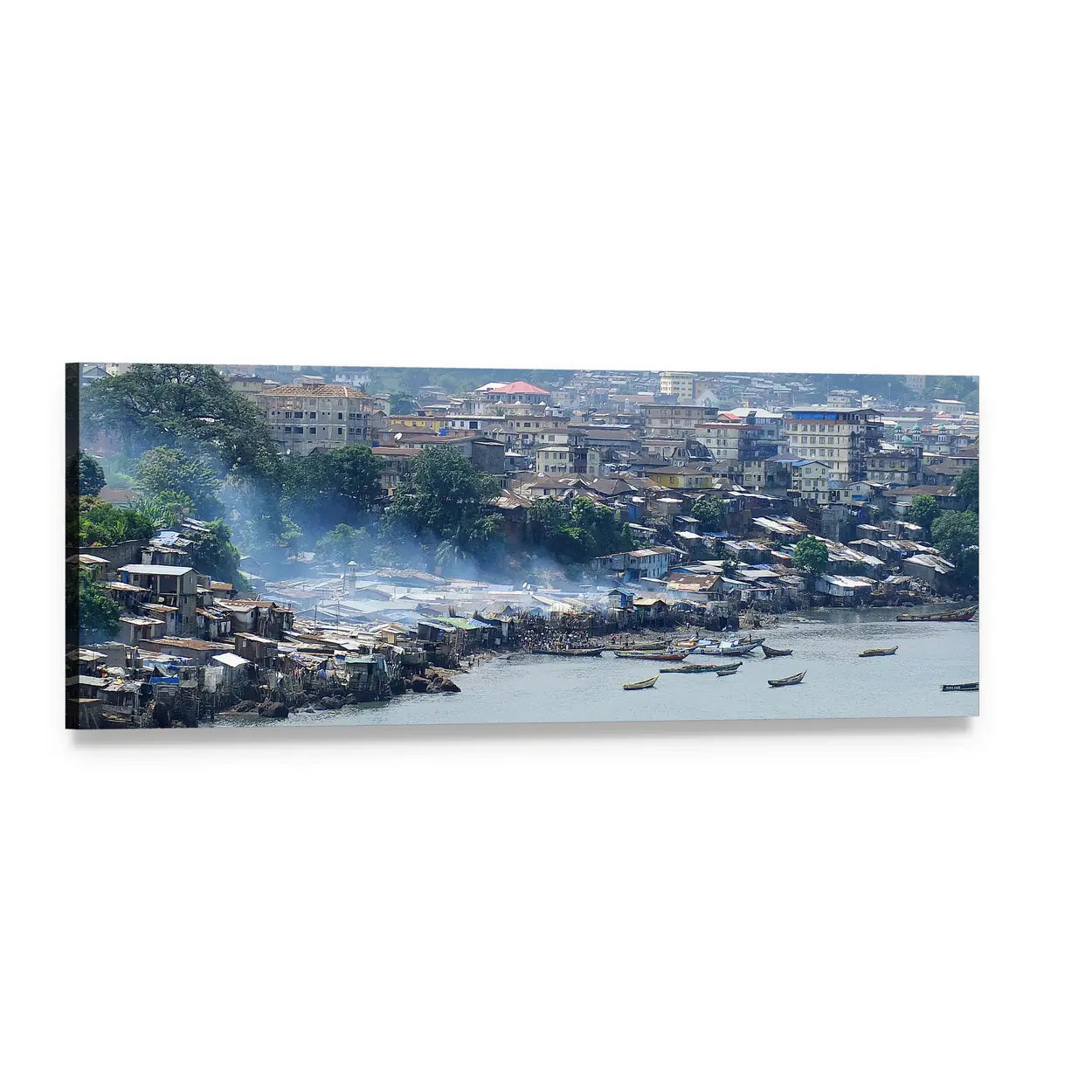 Coastal Hillside Cityscape with Harbor Boats Panoramic Canvas Wall Art, single panel gallery wrapped canvas, angled product view