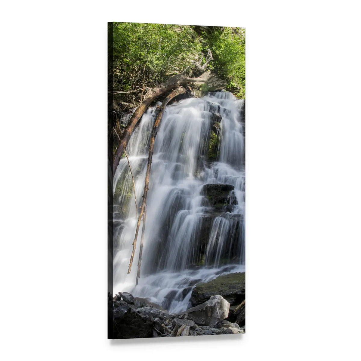 Smooth White Waterfall in Forest Vertical Canvas Wall Art, 1 panel 1 Vertical layout gallery wrapped canvas set, angled product view