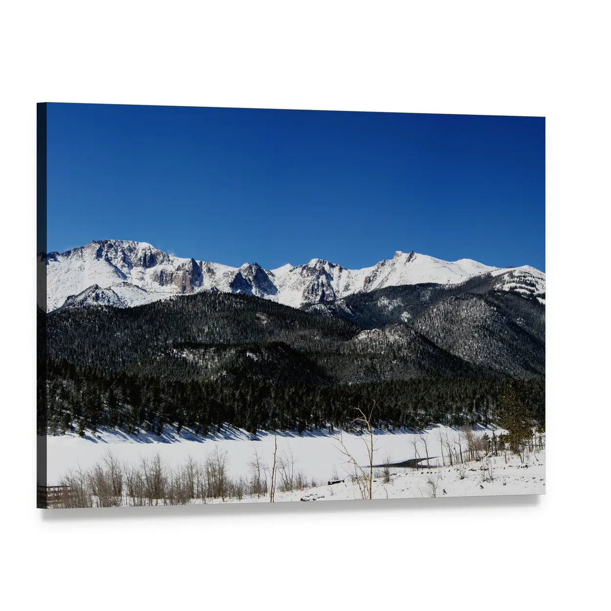 Pikes Peak Winter Landscape Canvas Wall Art, single panel gallery wrapped canvas, angled product view