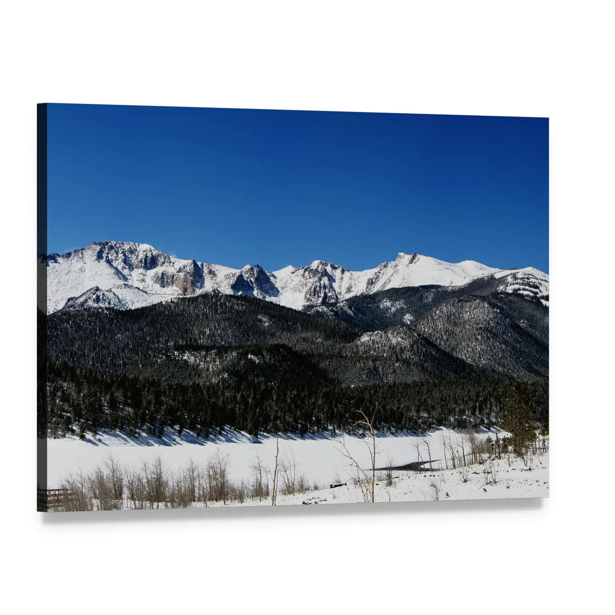 Pikes Peak Winter Landscape Canvas Wall Art, single panel gallery wrapped canvas, angled product view