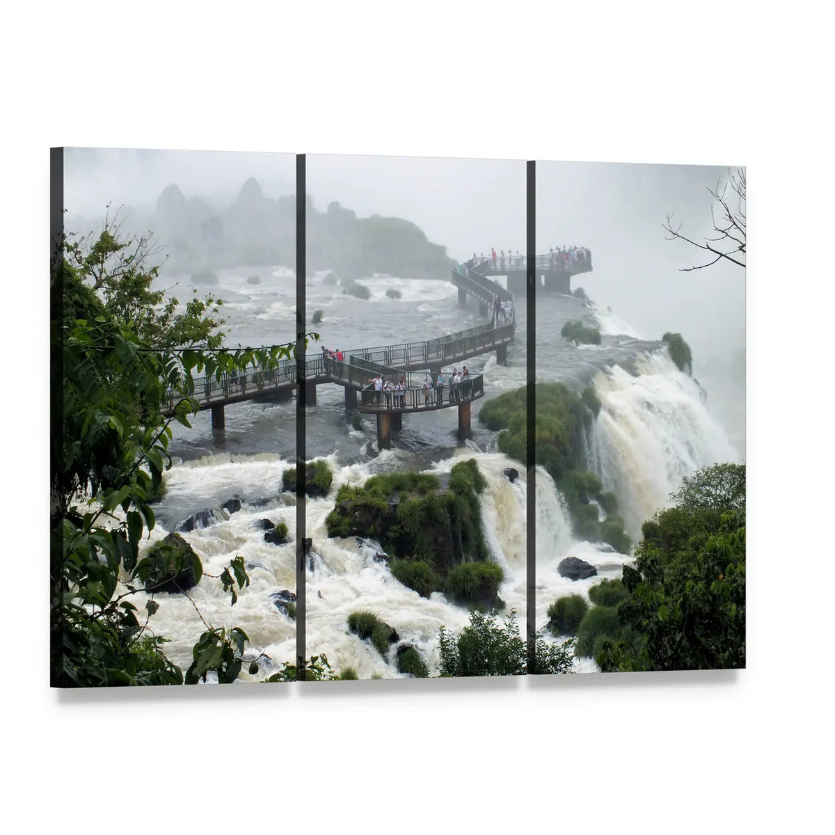 Santa Maria Falls with Wooden Walkway Canvas Wall Art, 3 panel 3 Horizontal layout gallery wrapped canvas set, angled product view