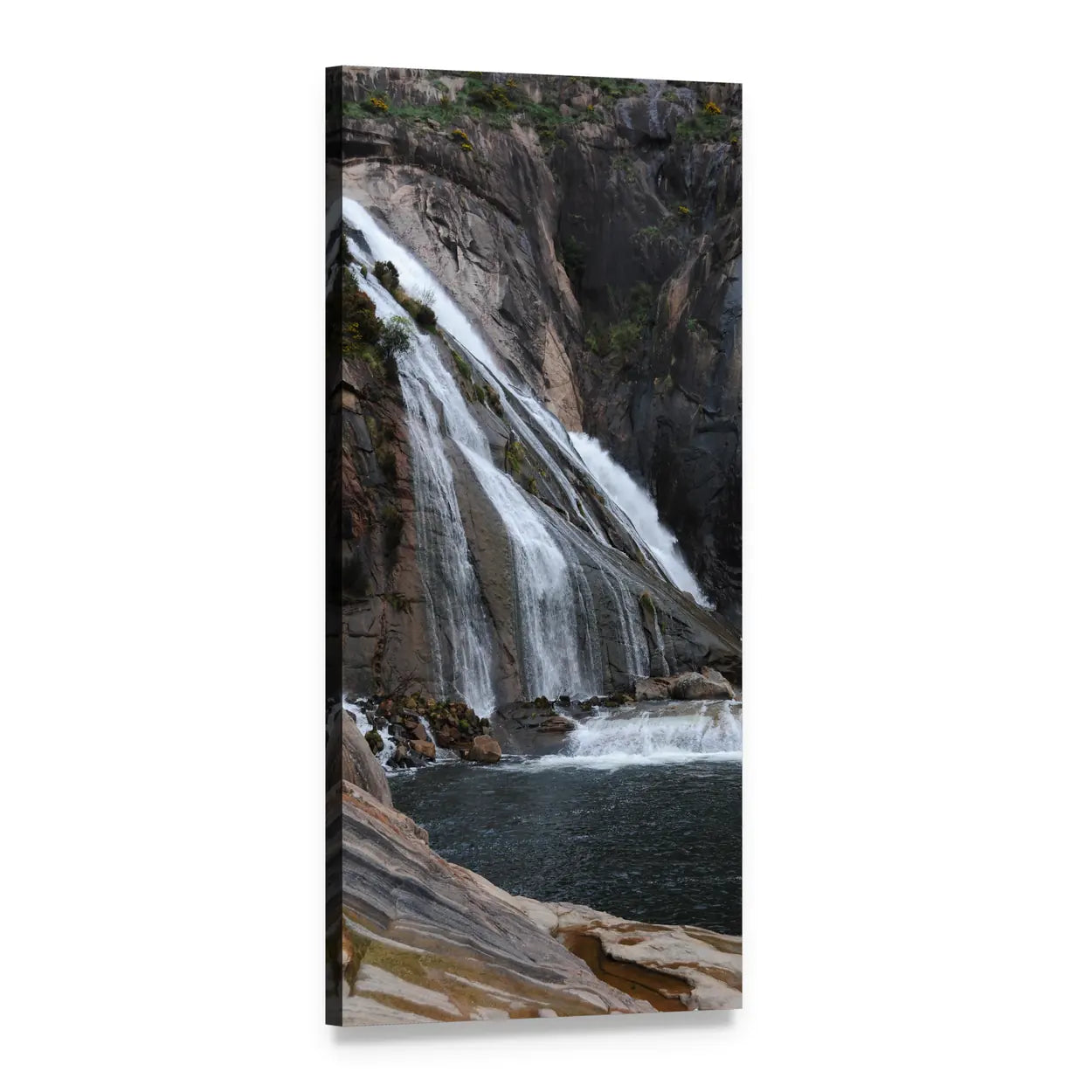 Ezaro Waterfall Spain Vertical Canvas Wall Art, 1 panel 1 Vertical layout gallery wrapped canvas set, angled product view