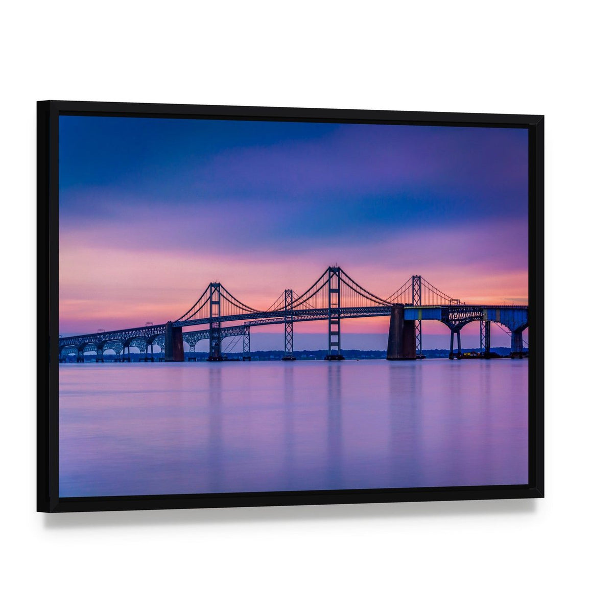 Chesapeake Bay Bridge at Twilight Canvas Wall Art, framed canvas in a black floater frame, angled product view