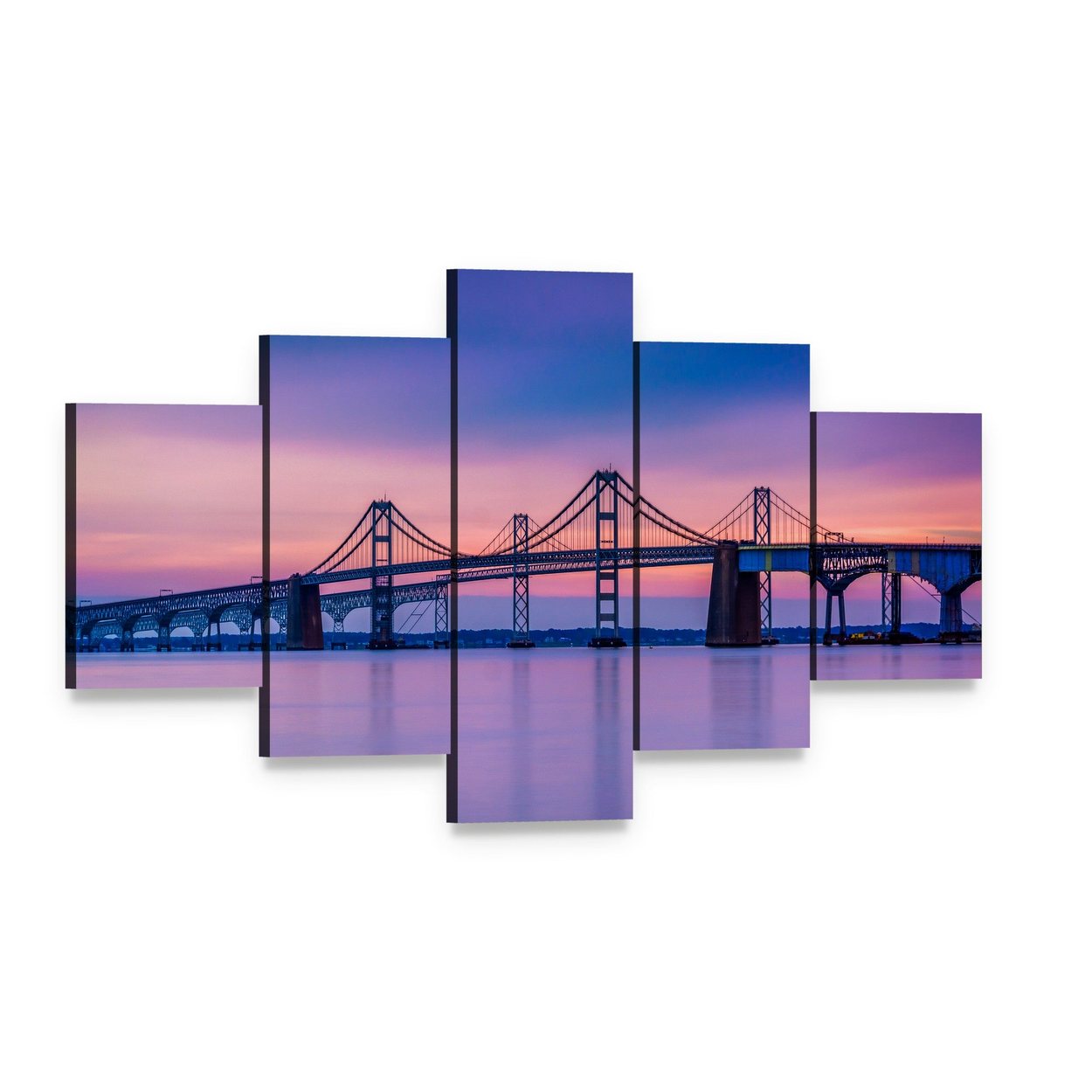 Chesapeake Bay Bridge at Twilight Canvas Wall Art, 5 panel 5 Star layout gallery wrapped canvas set, angled product view