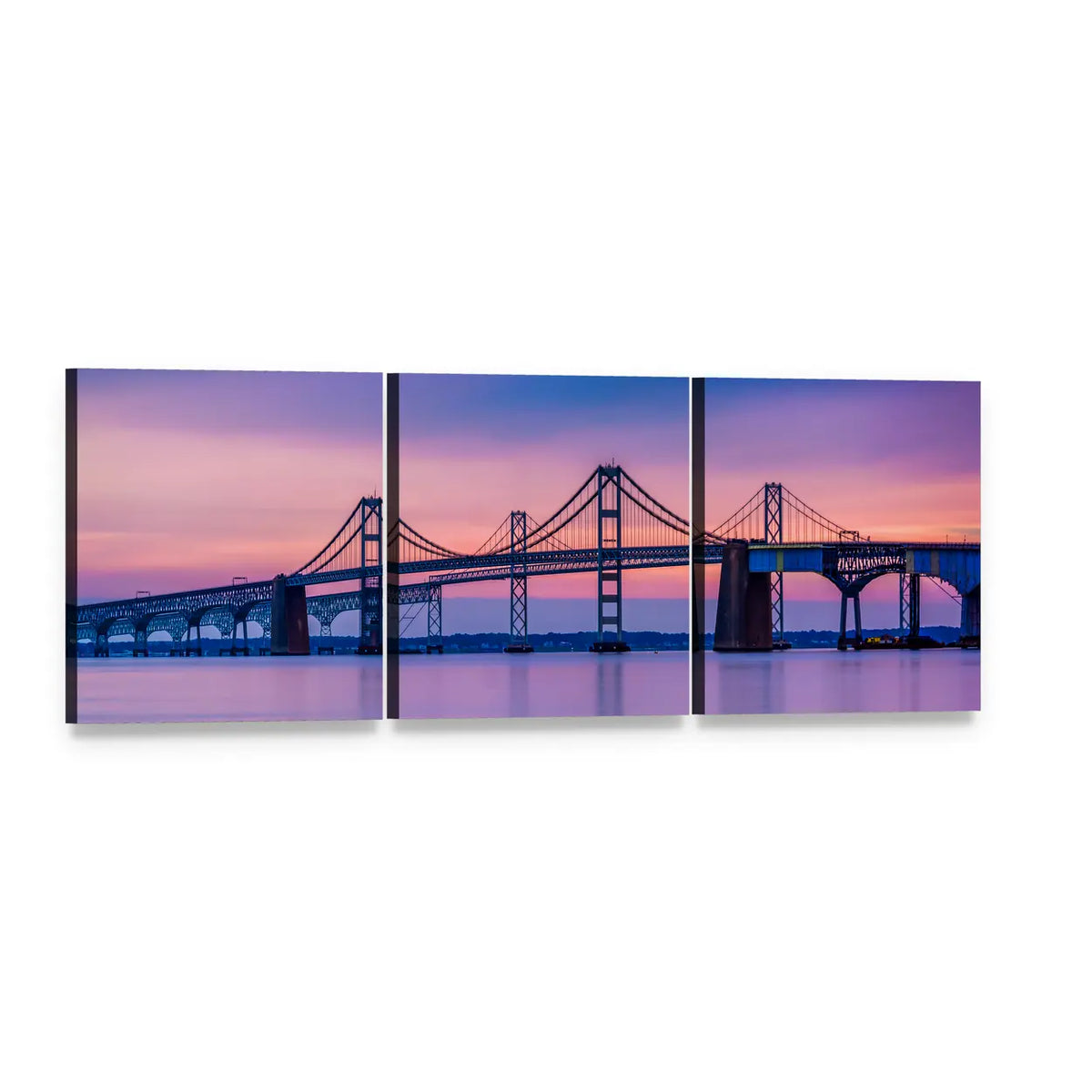 Chesapeake Bay Bridge at Dusk Panoramic Canvas Wall Art, 3 panel 3 Piece layout gallery wrapped canvas set, angled product view