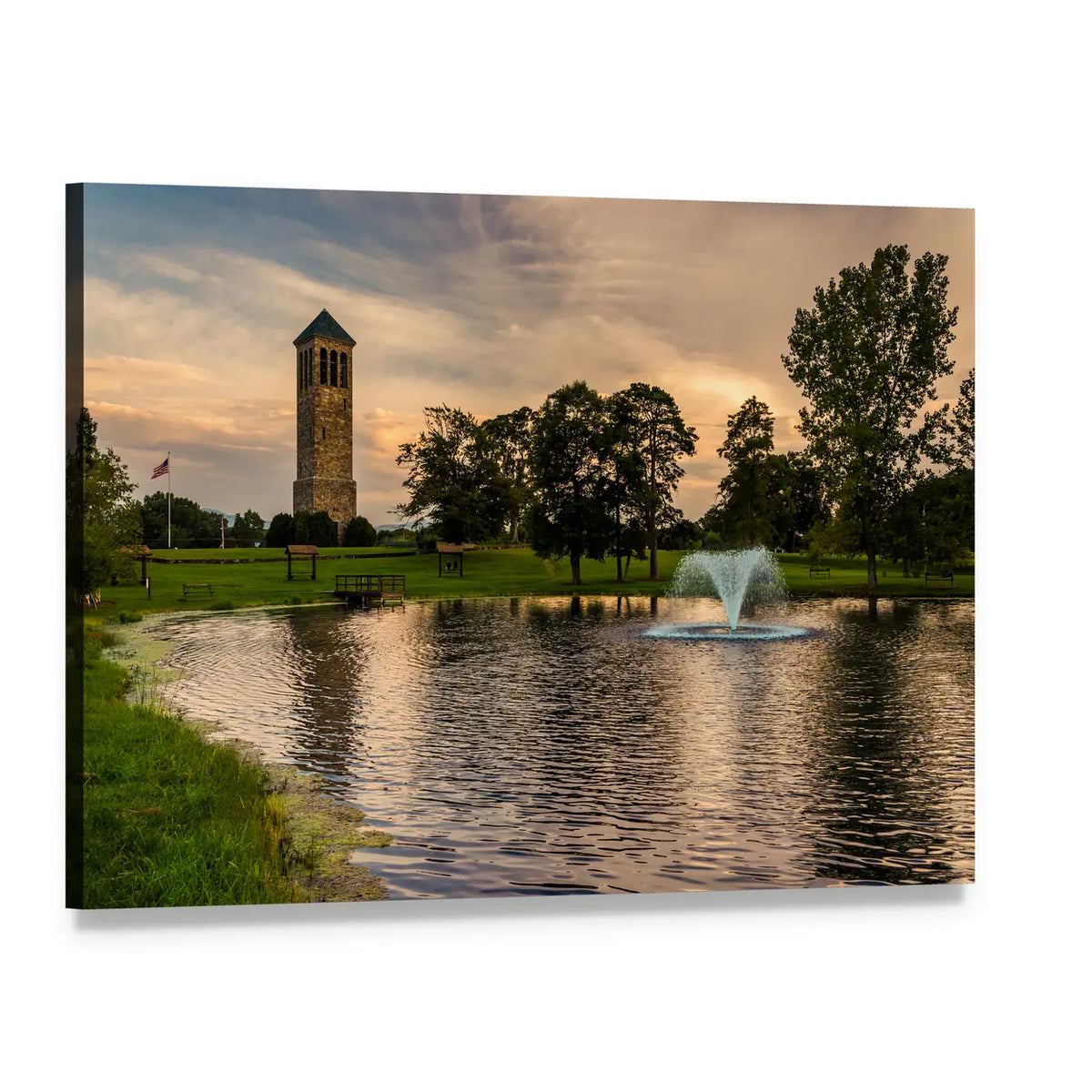 Singing Tower and Pond Canvas Wall Art, single panel gallery wrapped canvas, angled product view