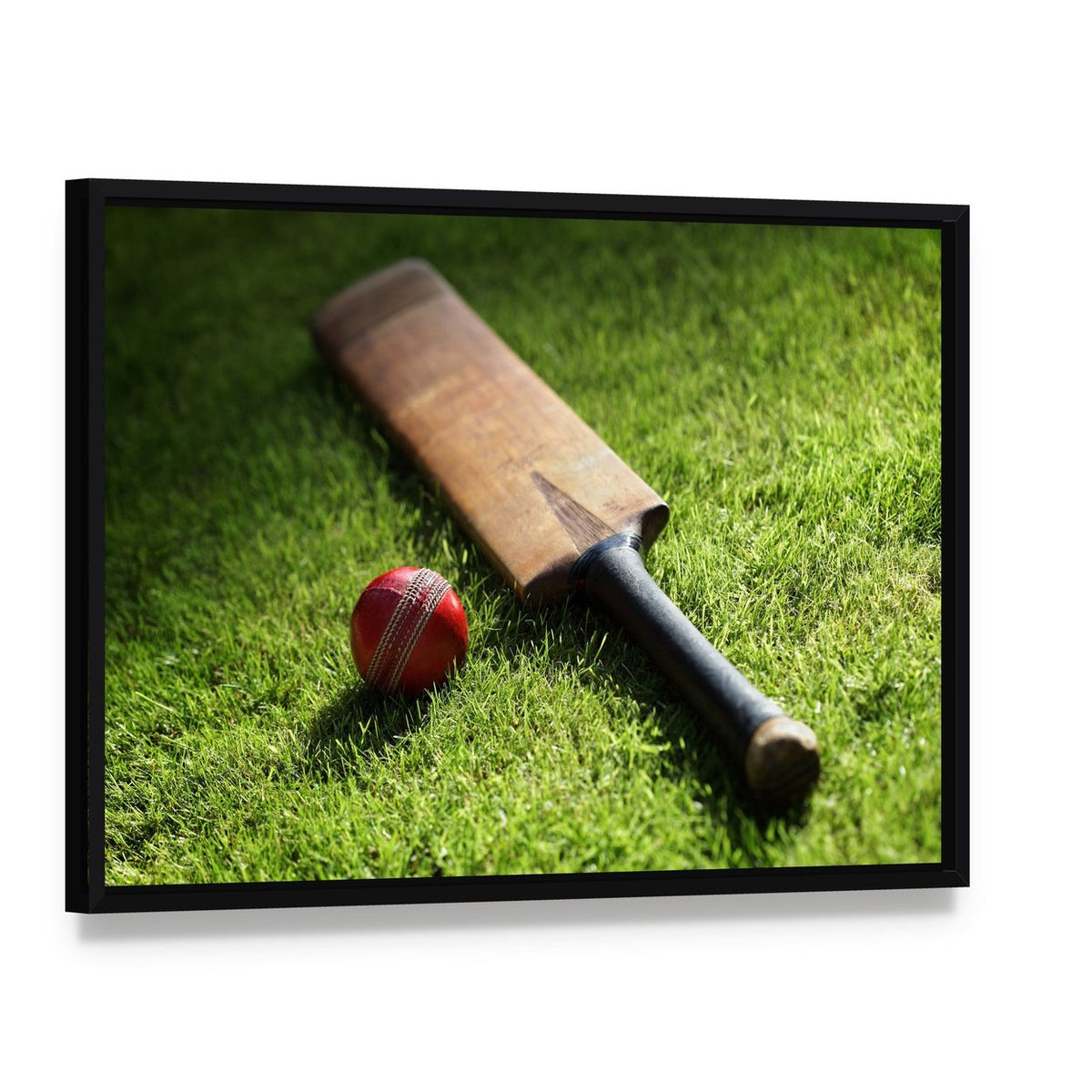Cricket Bat and Ball Canvas Wall Art, framed canvas in a black floater frame, angled product view