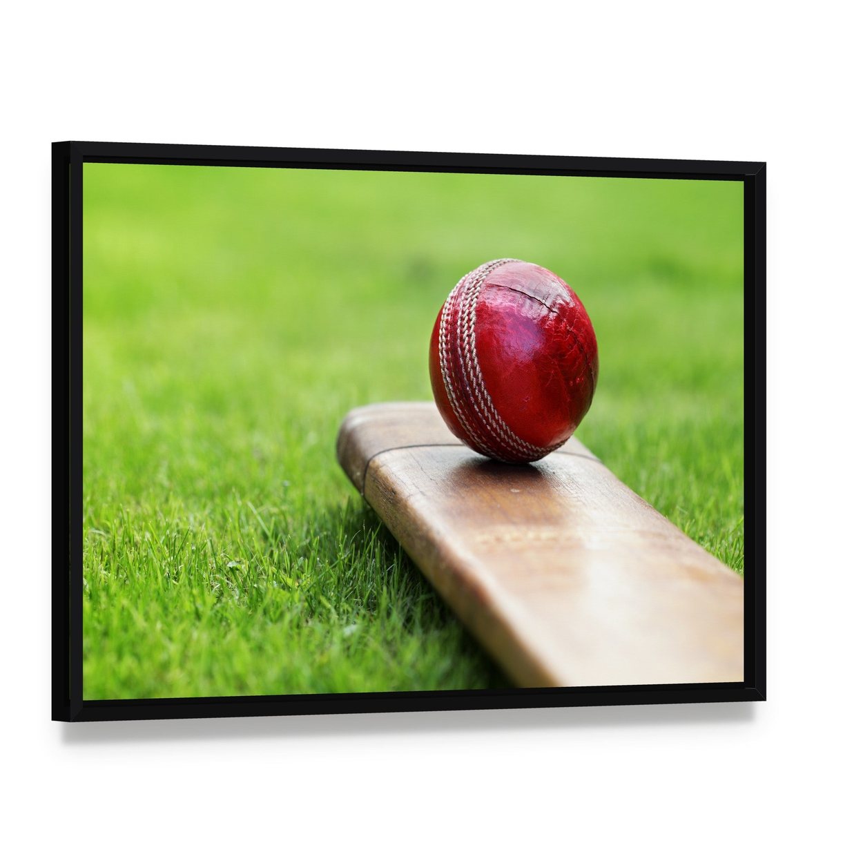 Cricket Ball on Bat Canvas Wall Art, framed canvas in a black floater frame, angled product view