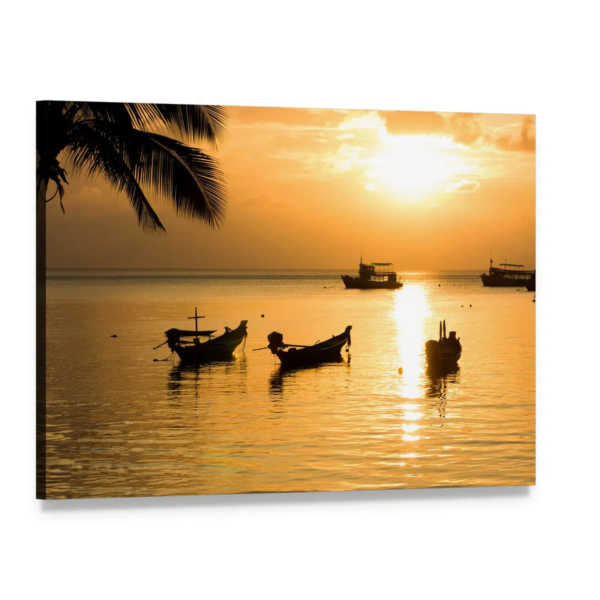 Tropical Sunset with Palm and Fishing Boats Canvas Wall Art, single panel gallery wrapped canvas, angled product view