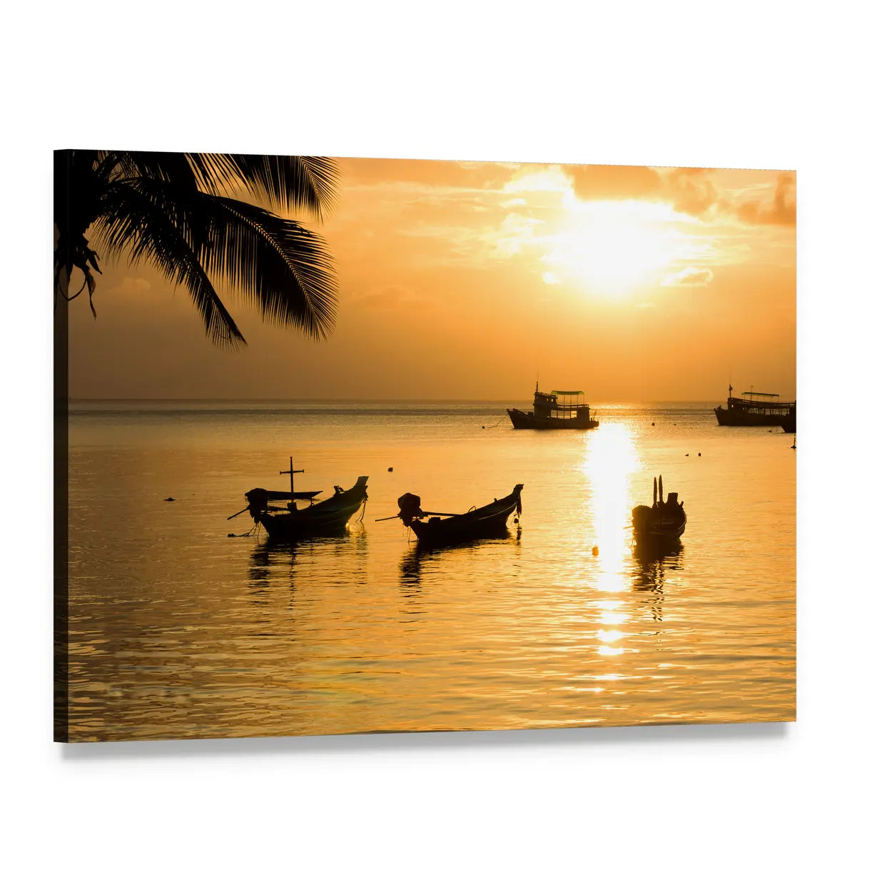 Tropical Sunset with Palm and Fishing Boats Canvas Wall Art, single panel gallery wrapped canvas, angled product view