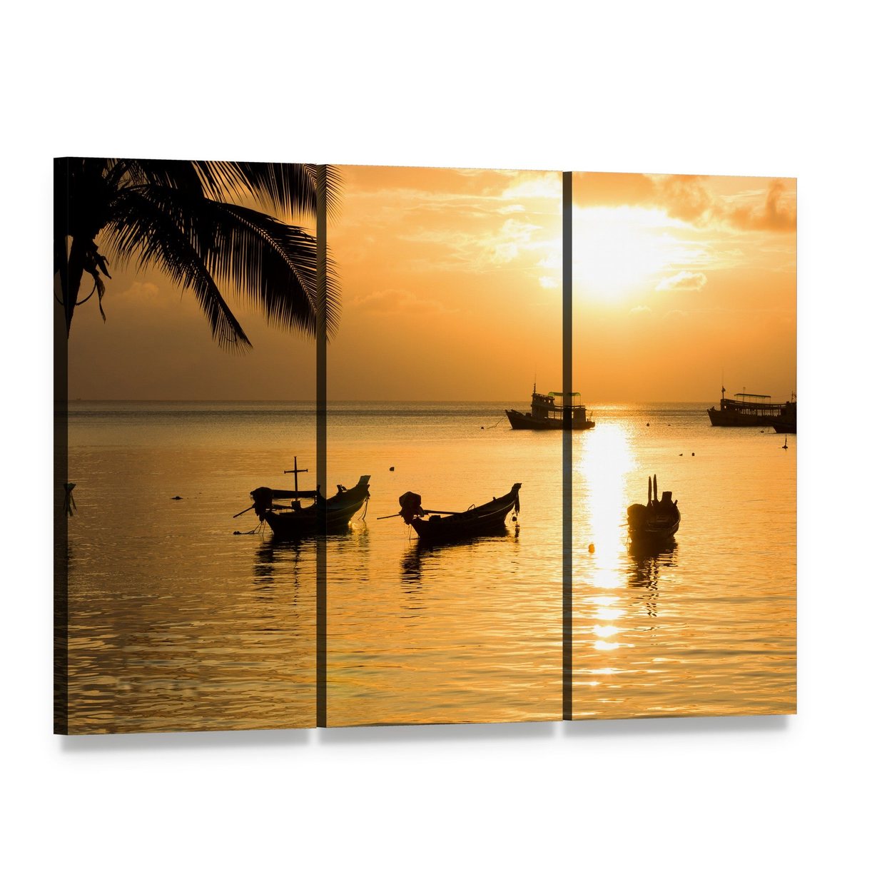 Tropical Sunset with Boats and Palm Trees Canvas Wall Art, 3 panel 3 Horizontal layout gallery wrapped canvas set, angled product view