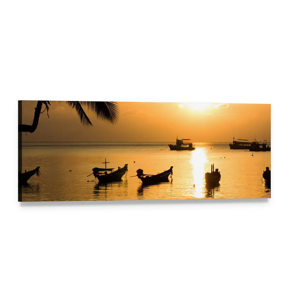 Thailand Sunset Over Fishing Boats Panoramic Canvas Wall Art, single panel gallery wrapped canvas, angled product view