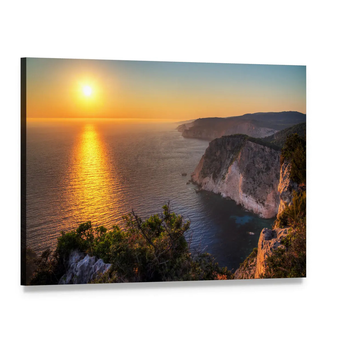 Cliffside Sunset Over Ocean Canvas Wall Art, single panel gallery wrapped canvas, angled product view