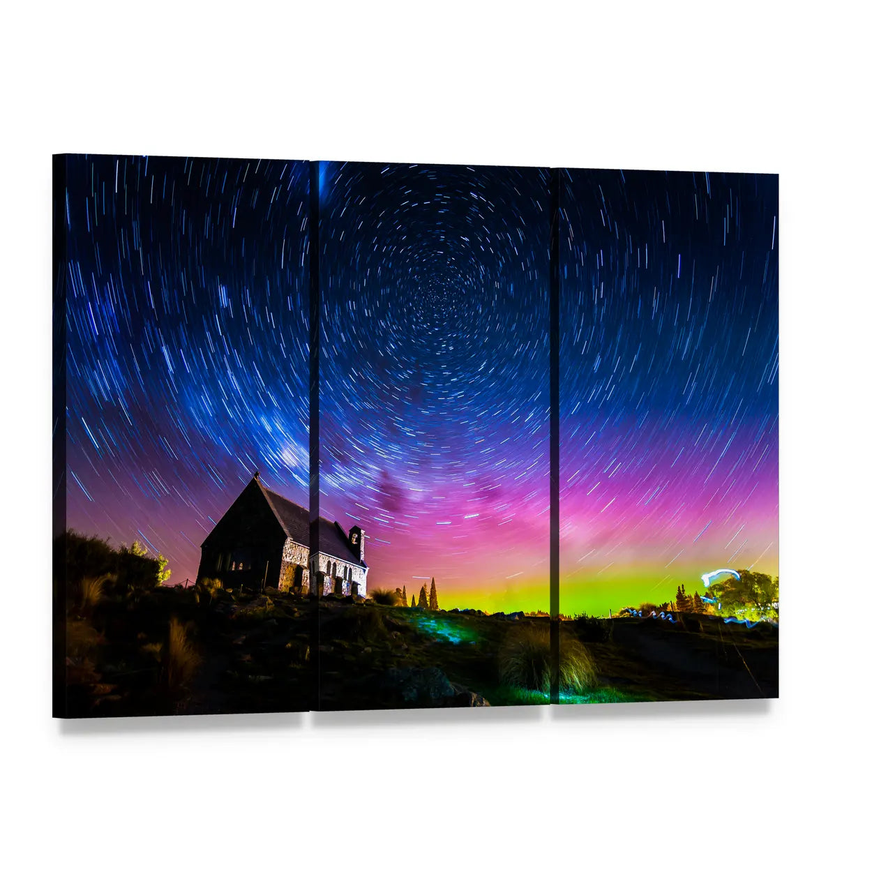Church Under Star Trails and Aurora Canvas Wall Art, 3 panel 3 Horizontal layout gallery wrapped canvas set, angled product view