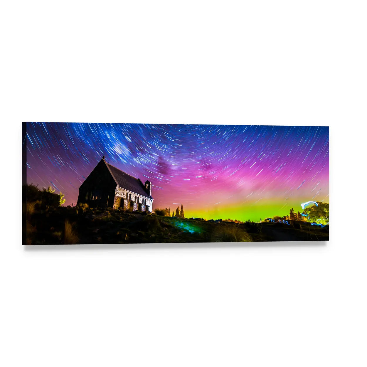Stone Chapel Under Aurora and Star Trails Panoramic Canvas Wall Art, single panel gallery wrapped canvas, angled product view