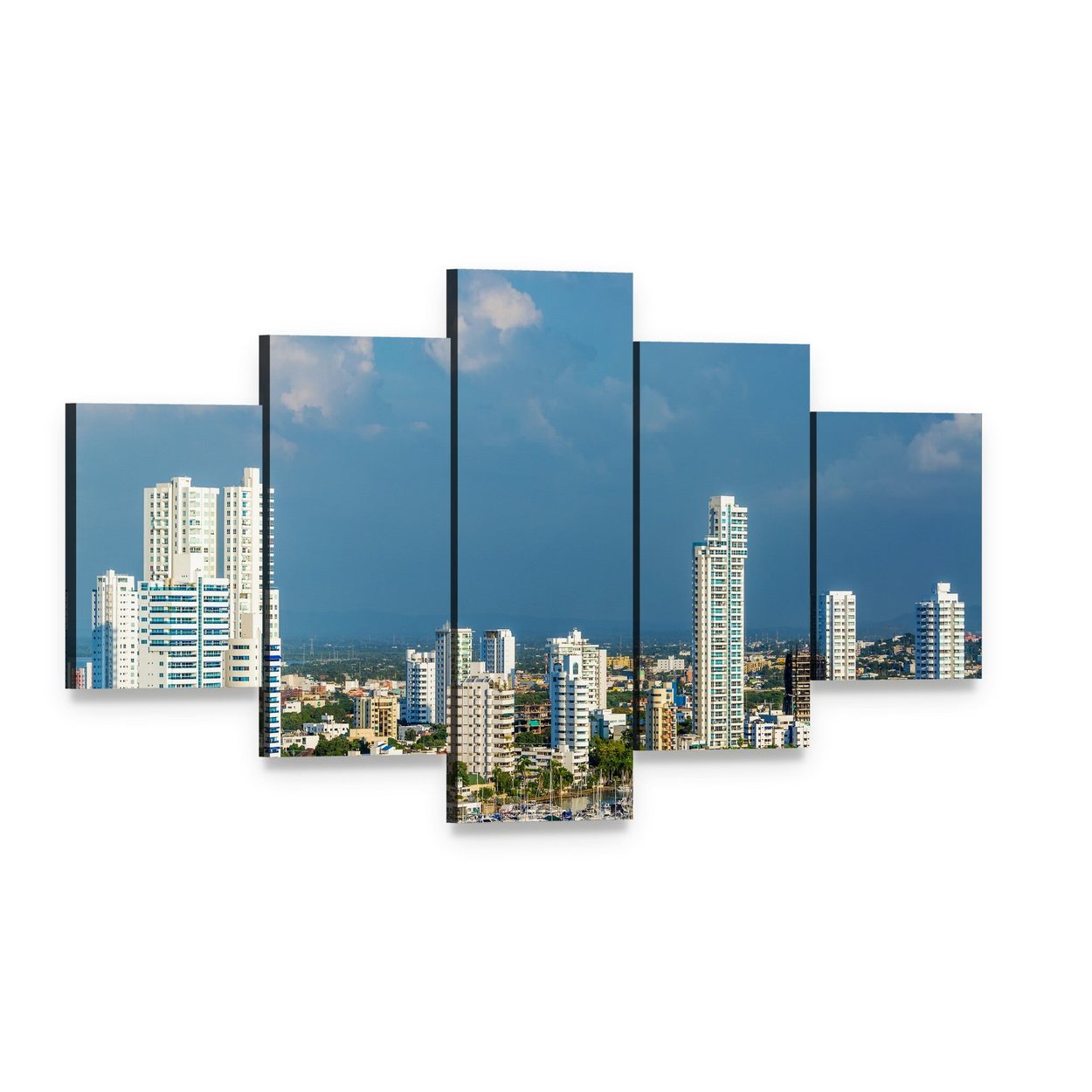 Marina with Tall White Buildings Canvas Wall Art, 5 panel 5 Star layout gallery wrapped canvas set, angled product view
