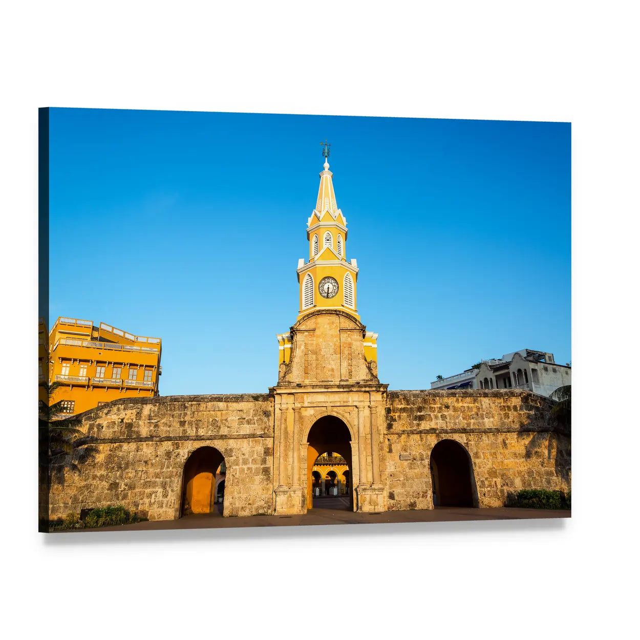 Historic Clock Tower Gate Canvas Wall Art, single panel gallery wrapped canvas, angled product view
