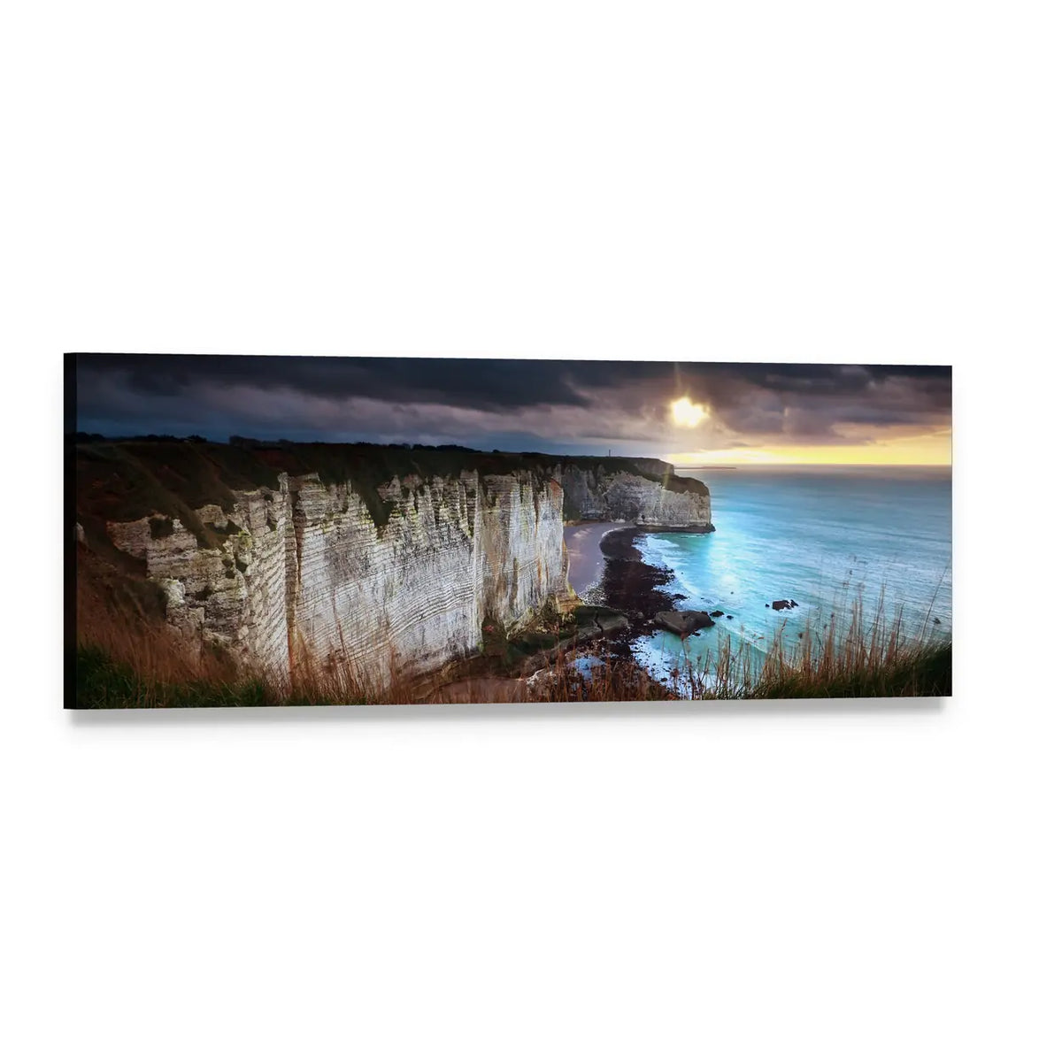 Storm Sky Over Coastal Cliffs Panoramic Canvas Wall Art, single panel gallery wrapped canvas, angled product view