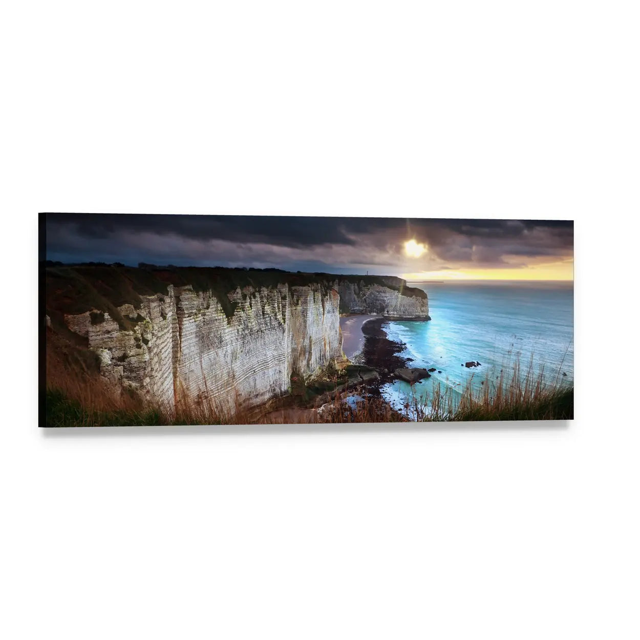 Storm Sky Over Coastal Cliffs Panoramic Canvas Wall Art, single panel gallery wrapped canvas, angled product view