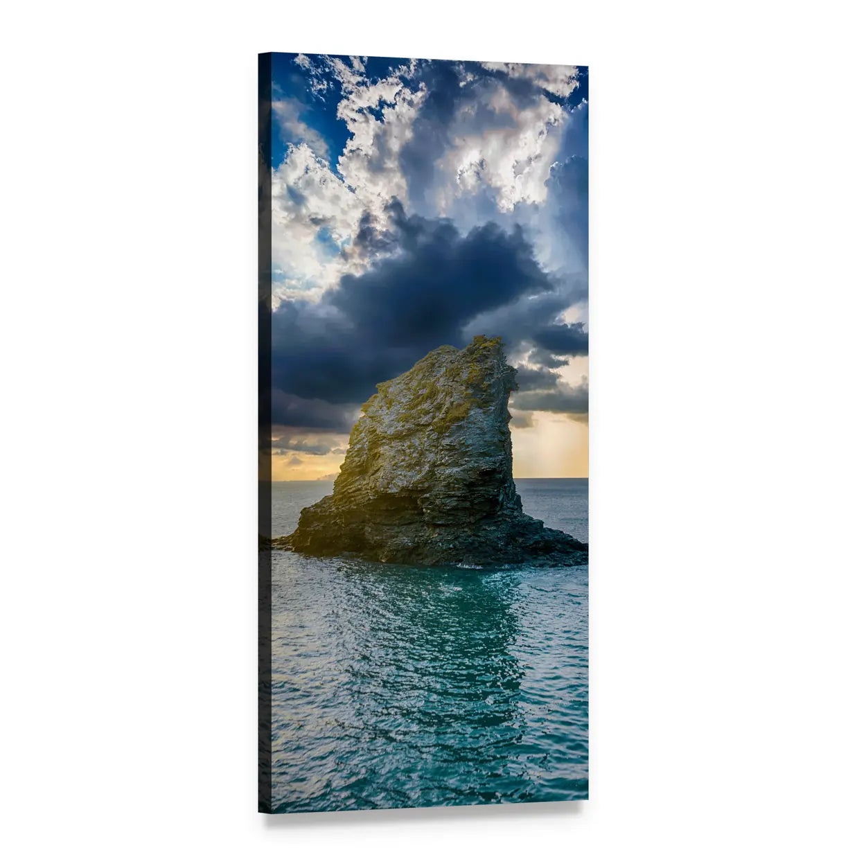 Sunlit Sea Stack at Sunrise Vertical Canvas Wall Art, 1 panel 1 Vertical layout gallery wrapped canvas set, angled product view