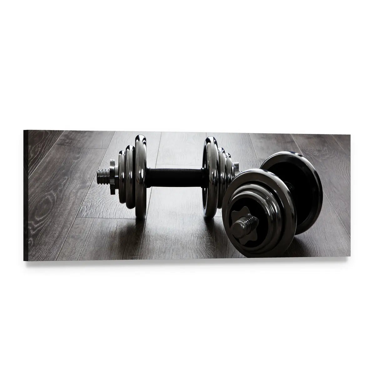Two Chrome Dumbbells on Wooden Floor Panoramic Canvas Wall Art, single panel gallery wrapped canvas, angled product view