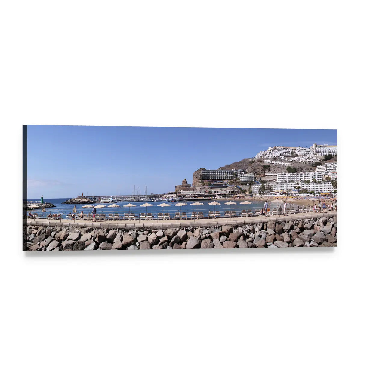 Mediterranean Pier with Beach Umbrellas Panoramic Canvas Wall Art, single panel gallery wrapped canvas, angled product view