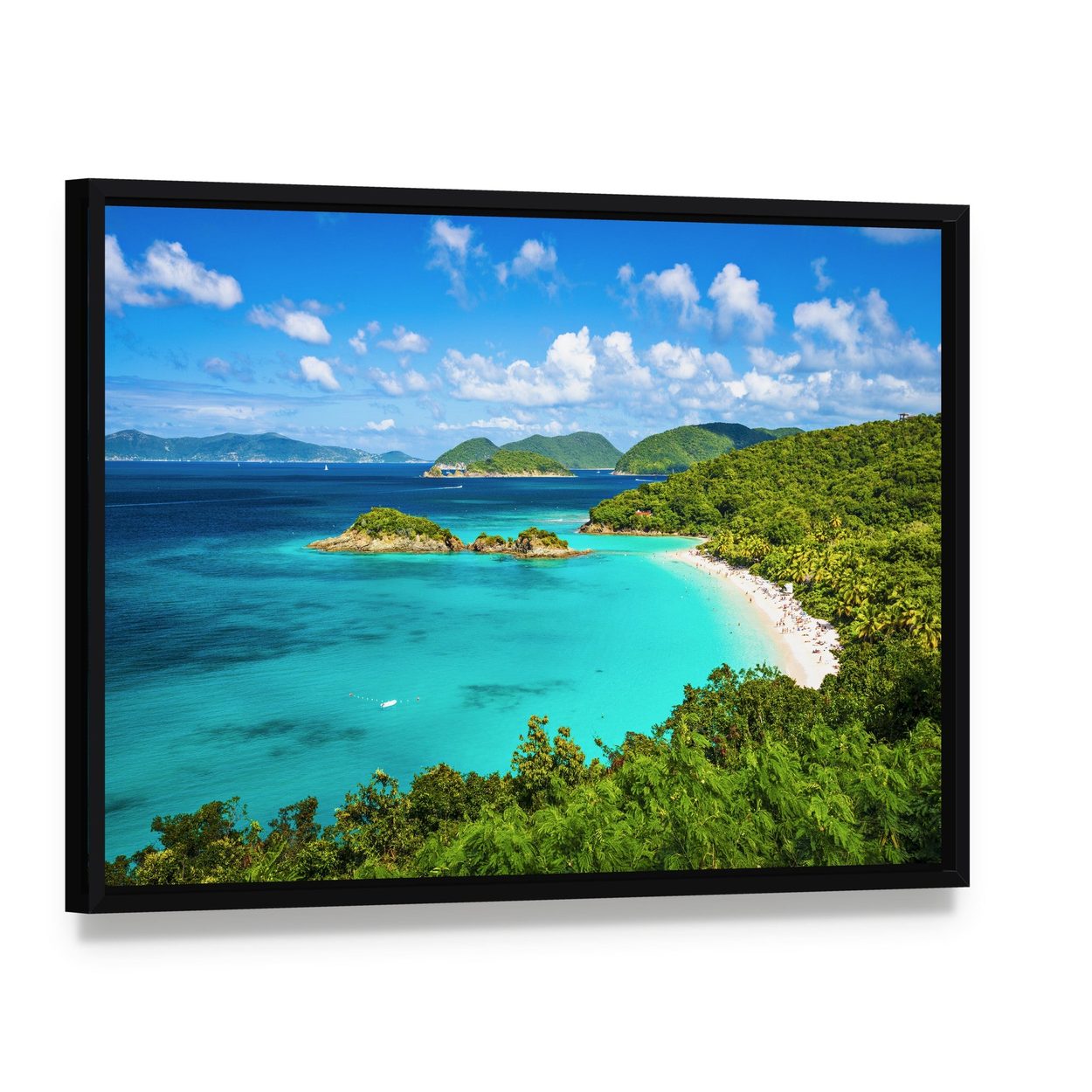 View of Trunk Bay Canvas Wall Art, framed canvas in a black floater frame, angled product view