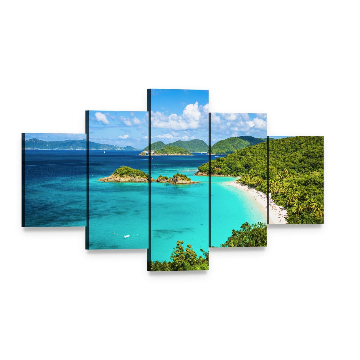 View of Trunk Bay Canvas Wall Art, 5 panel 5 Star layout gallery wrapped canvas set, angled product view