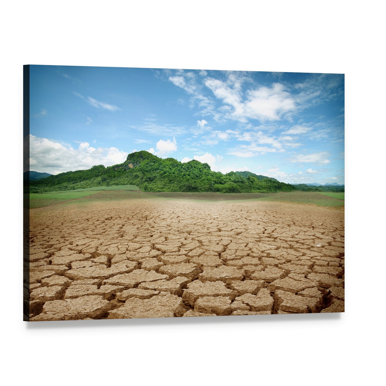 Desolate Cracked Earth in Serene Landscape Canvas Wall Art, single panel gallery wrapped canvas, angled product view