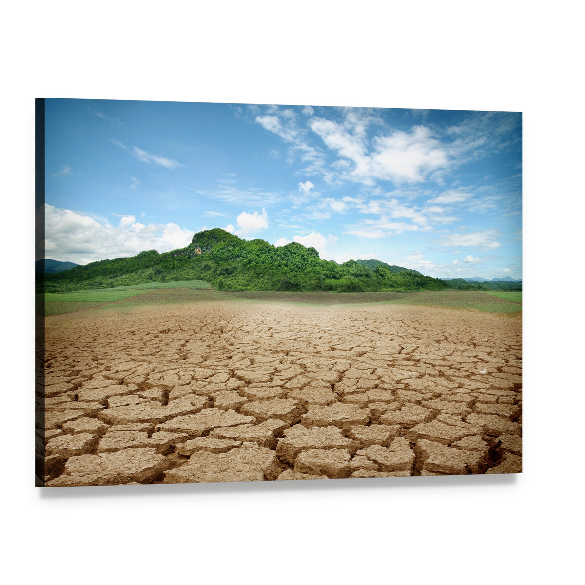 Desolate Cracked Earth in Serene Landscape Canvas Wall Art, single panel gallery wrapped canvas, angled product view