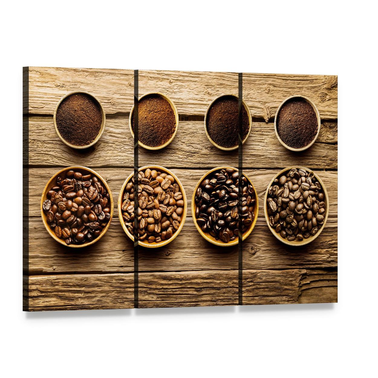 Coffee Beans and Ground Coffee Canvas Wall Art, 3 panel 3 Horizontal layout gallery wrapped canvas set, angled product view