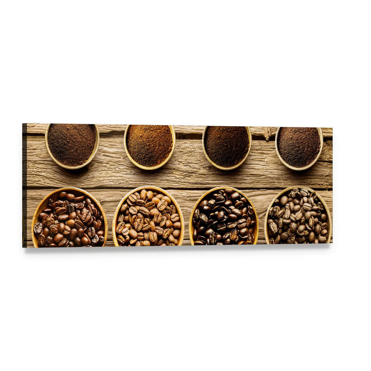 Coffee Roasts in Wooden Bowls Panoramic Canvas Wall Art, single panel gallery wrapped canvas, angled product view