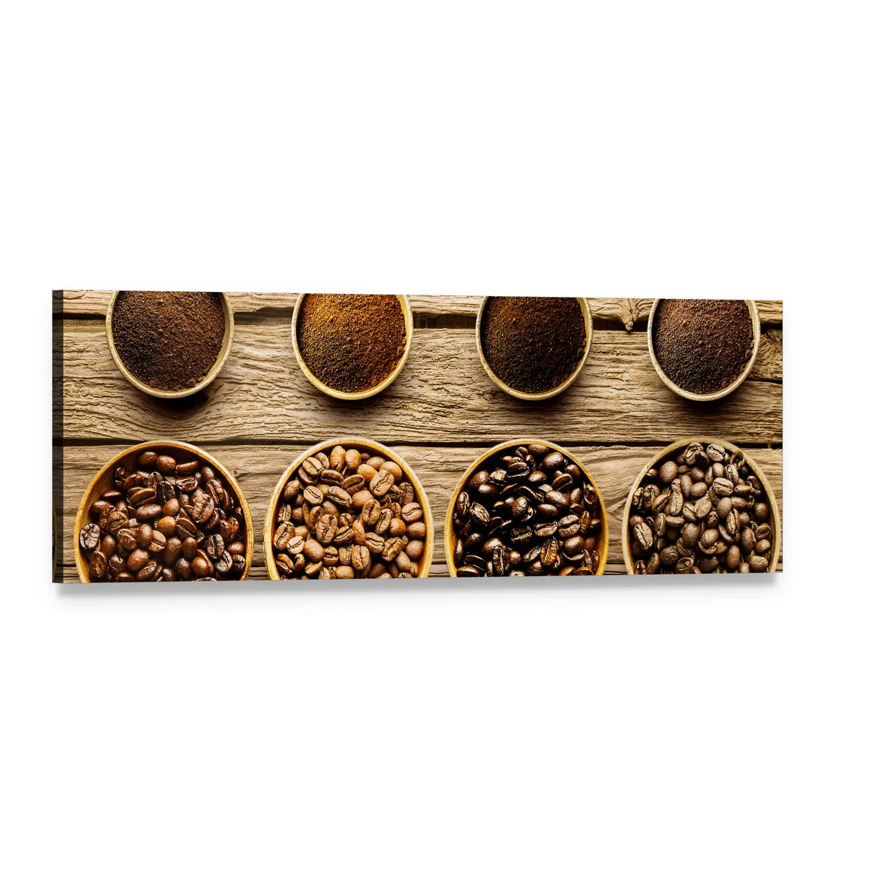 Coffee Roasts in Wooden Bowls Panoramic Canvas Wall Art, single panel gallery wrapped canvas, angled product view