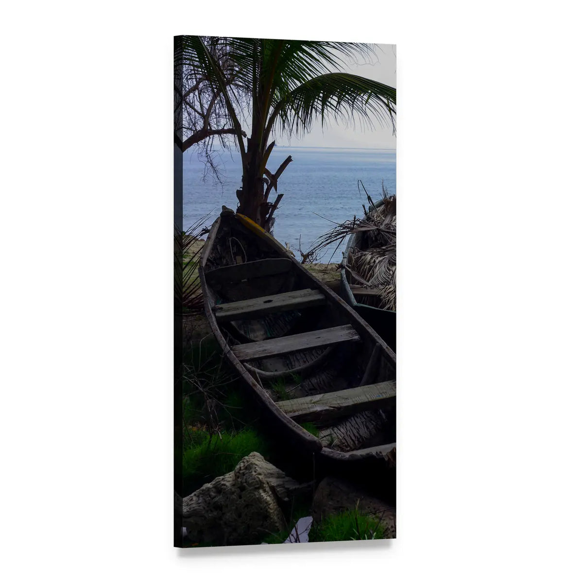 Old Wooden Canoe by Palm Tree Vertical Canvas Wall Art, 1 panel 1 Vertical layout gallery wrapped canvas set, angled product view