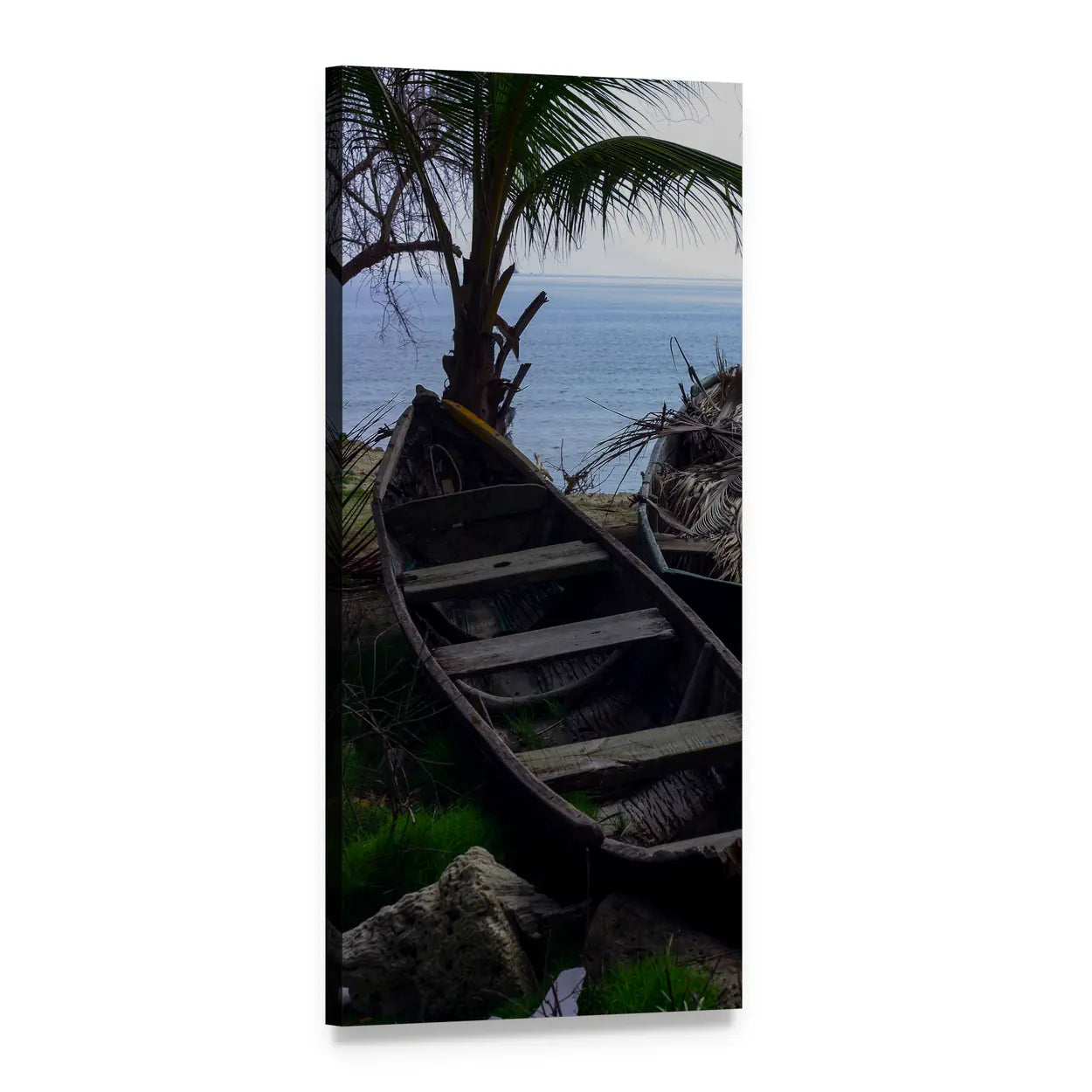 Old Wooden Canoe by Palm Tree Vertical Canvas Wall Art, 1 panel 1 Vertical layout gallery wrapped canvas set, angled product view