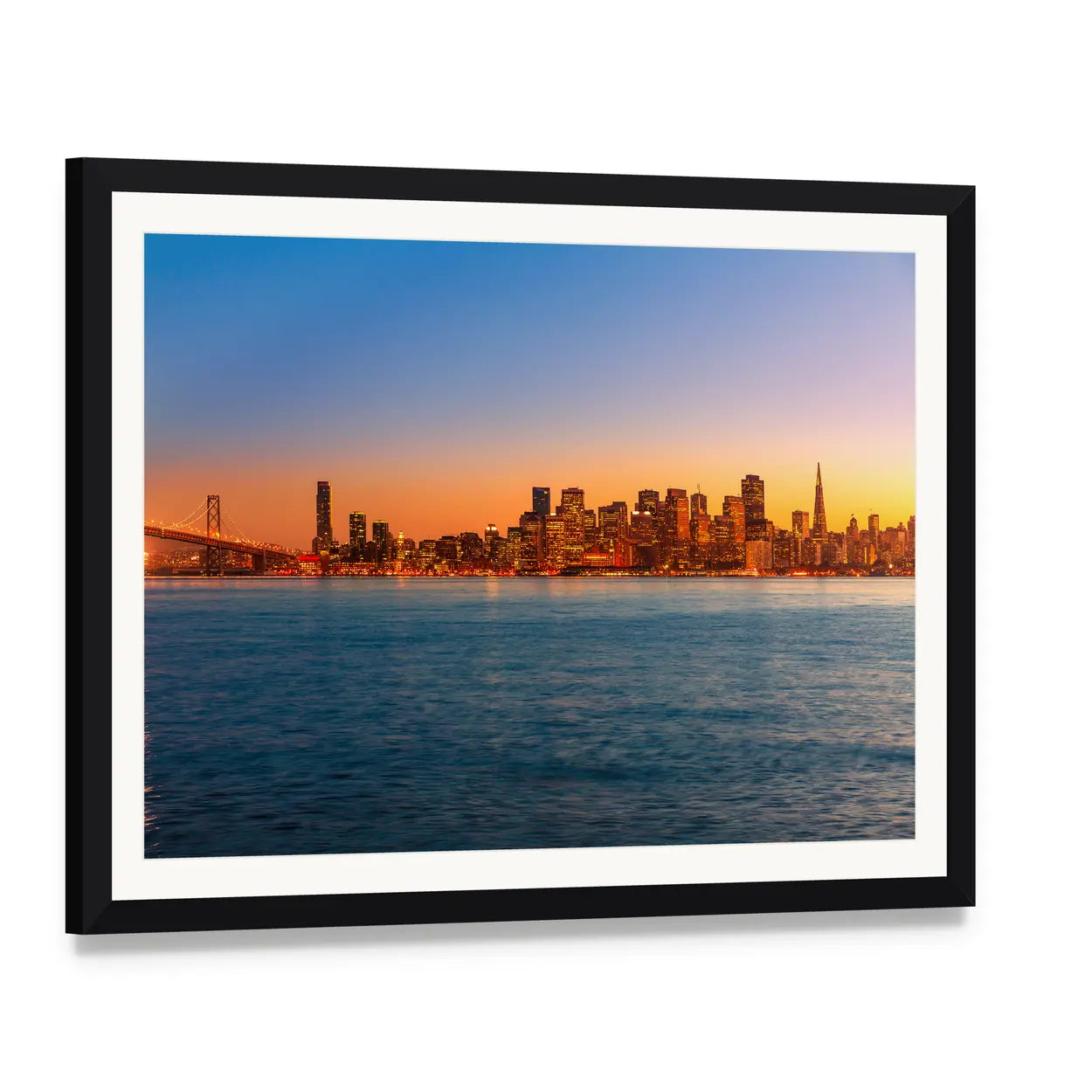 San Francisco Sunset Skyline Canvas Wall Art, framed print with white mat and black frame, angled product view
