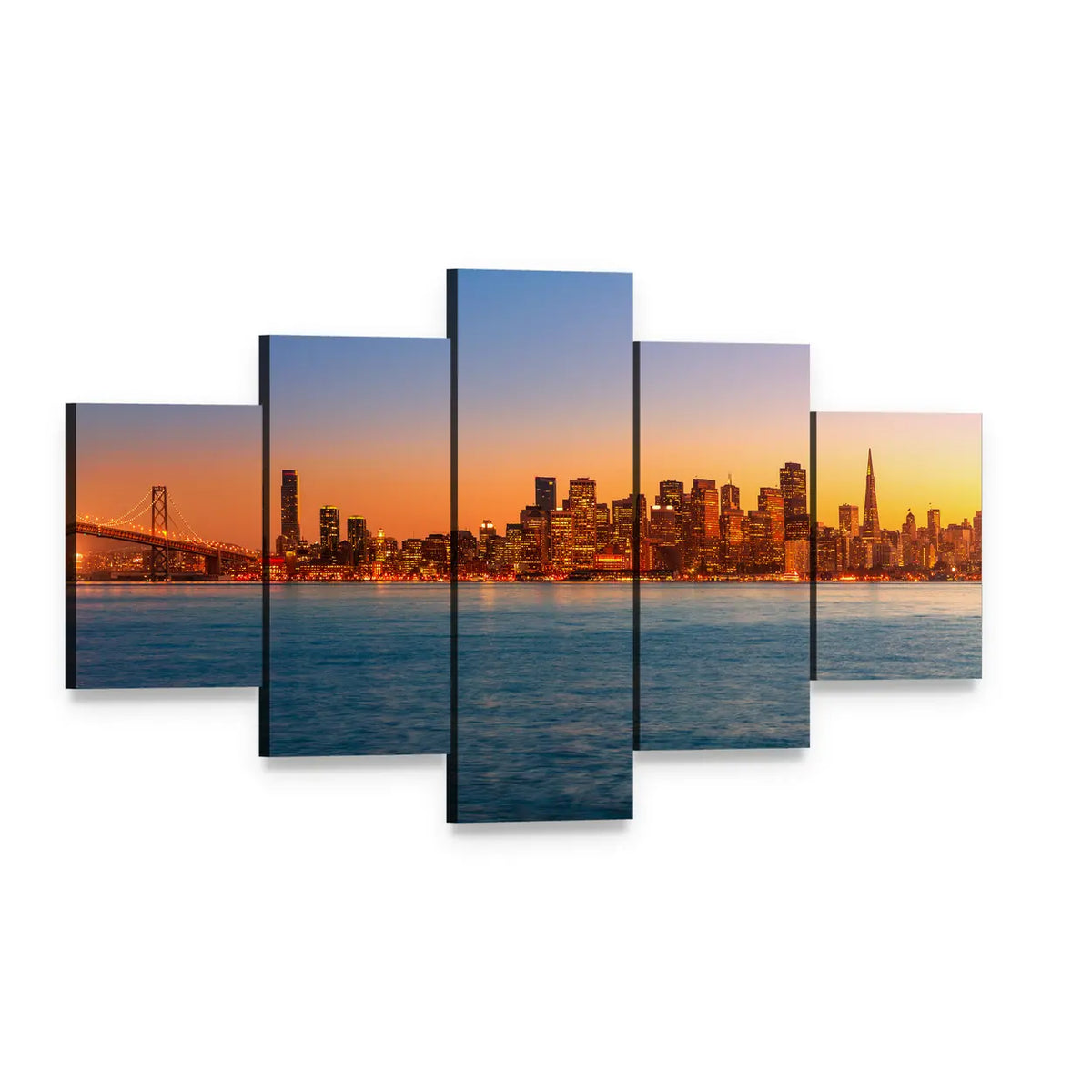 San Francisco Sunset Skyline Canvas Wall Art, 5 panel 5 Star layout gallery wrapped canvas set, angled product view