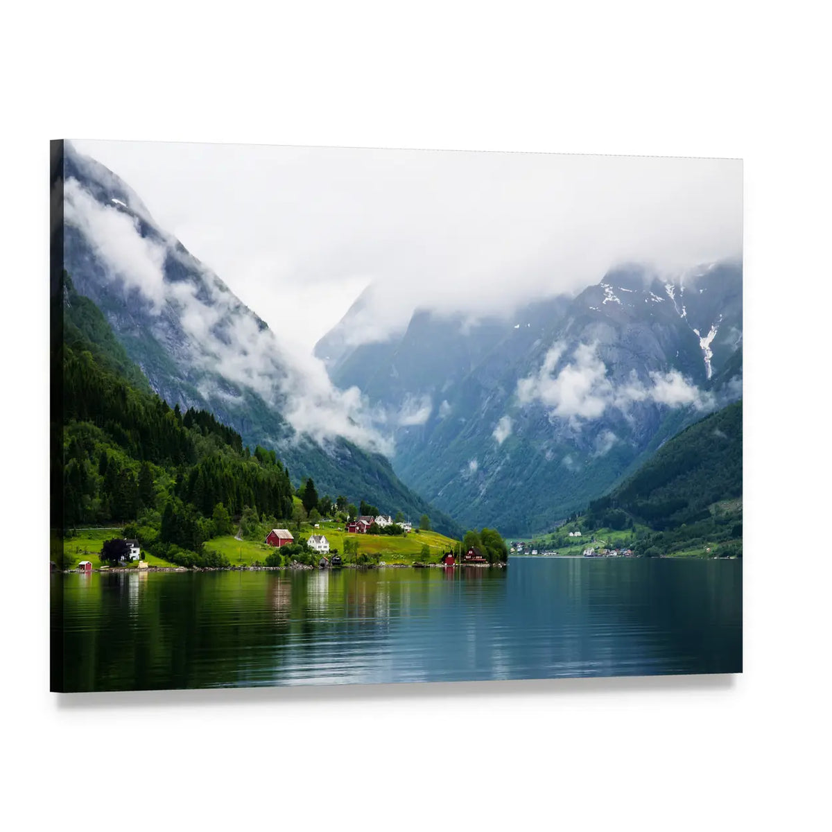 Sognefjord Summer View with Lakeside Village Canvas Wall Art, single panel gallery wrapped canvas, angled product view