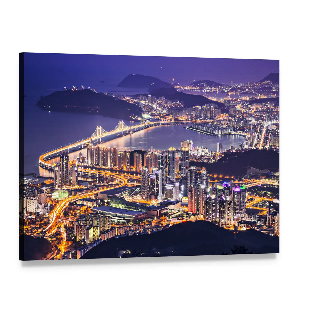 Busan Night Skyline with Illuminated Bridge Canvas Wall Art, single panel gallery wrapped canvas, angled product view