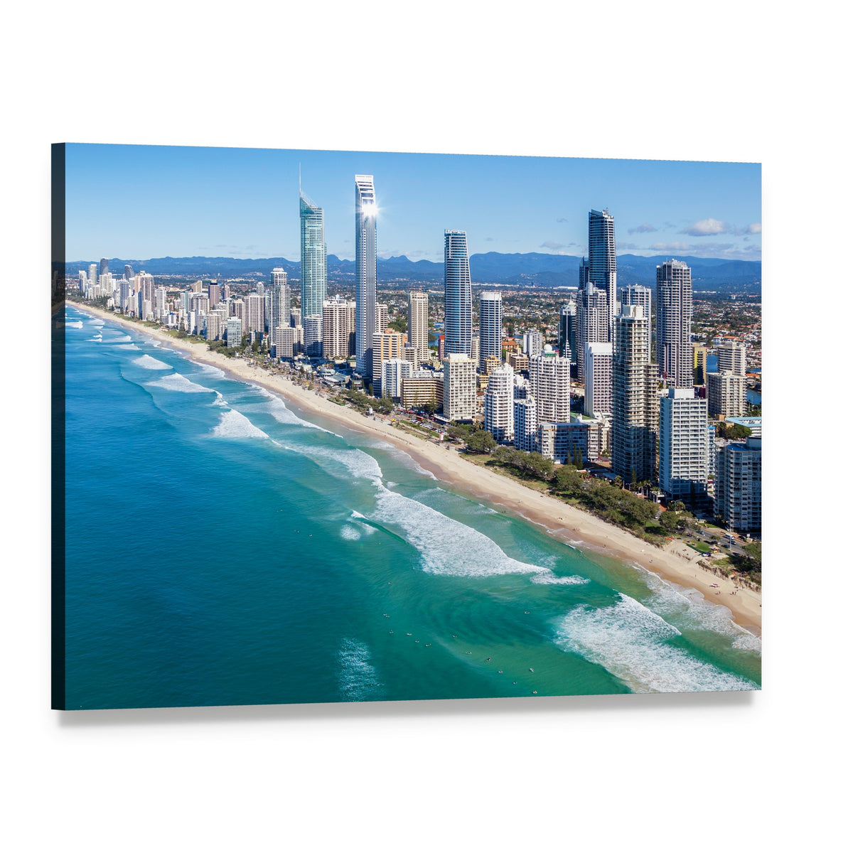 Gold Coast City Skyline and Beach Canvas Wall Art, single panel gallery wrapped canvas, angled product view