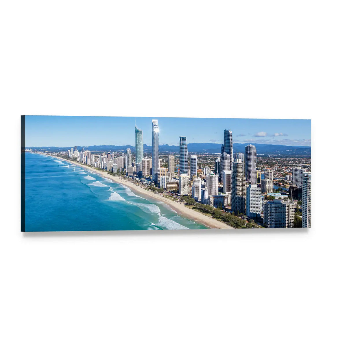 Gold Coast City Skyline Over Beach Panoramic Canvas Wall Art, single panel gallery wrapped canvas, angled product view