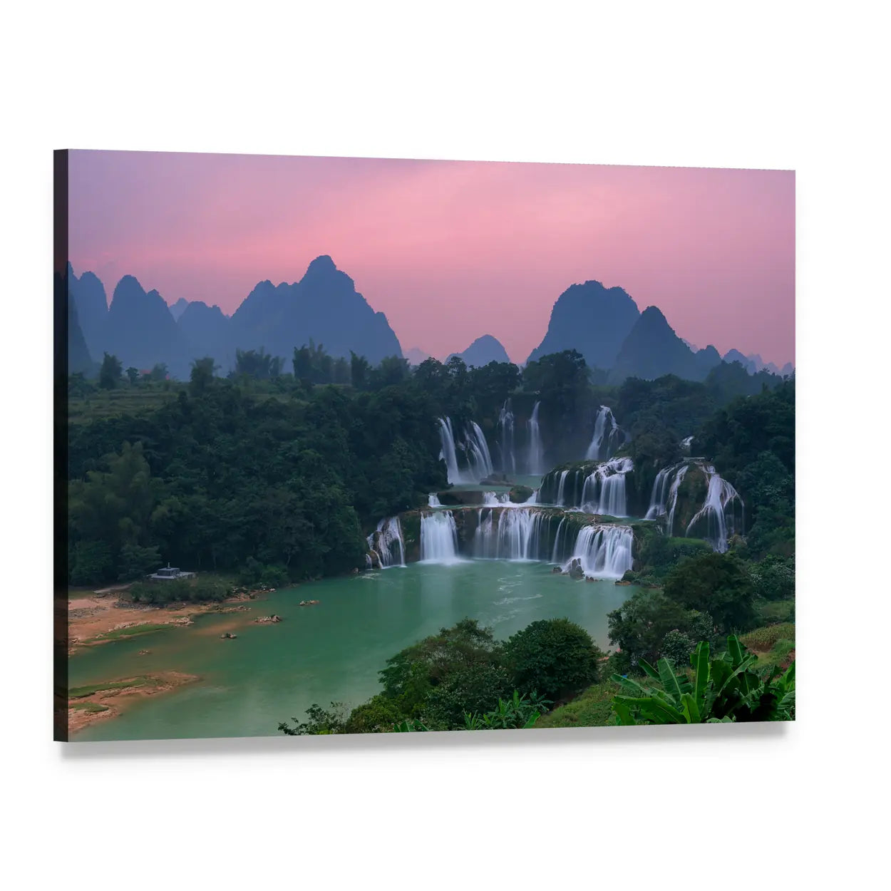 Detian Waterfall at Sunset Canvas Wall Art, single panel gallery wrapped canvas, angled product view