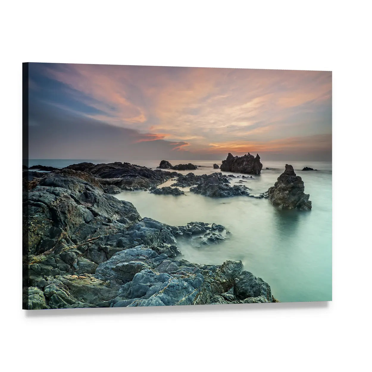 Rocky Coast Sunrise Canvas Wall Art, single panel gallery wrapped canvas, angled product view