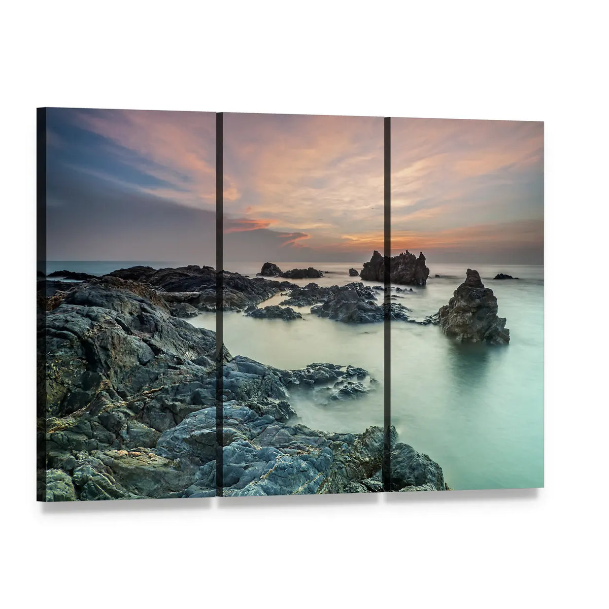 Rocky Coast Sunrise Canvas Wall Art, 3 panel 3 Horizontal layout gallery wrapped canvas set, angled product view