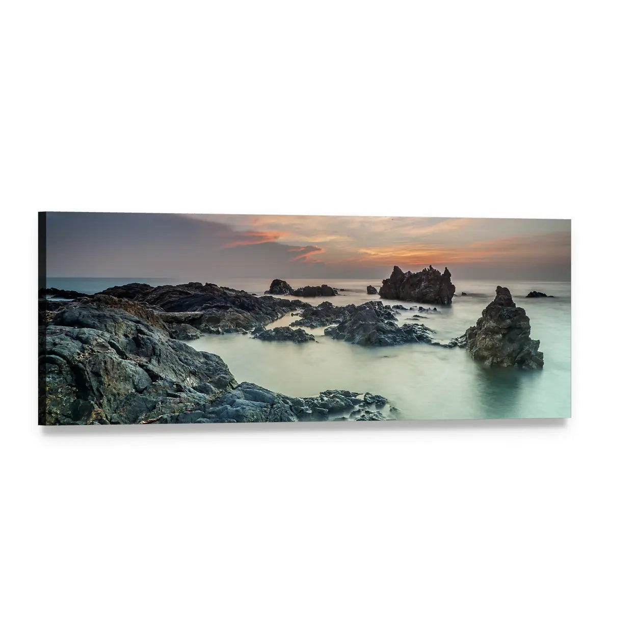 Sunrise Over Rocky Shore Panoramic Canvas Wall Art, single panel gallery wrapped canvas, angled product view