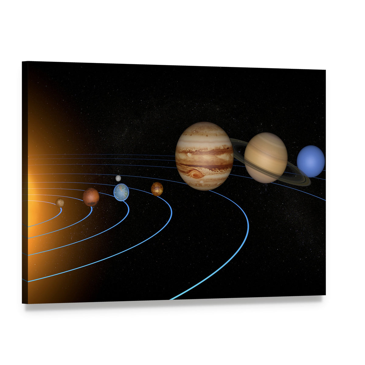 Stylized Solar System with Orbiting Planets Canvas Wall Art, single panel gallery wrapped canvas, angled product view