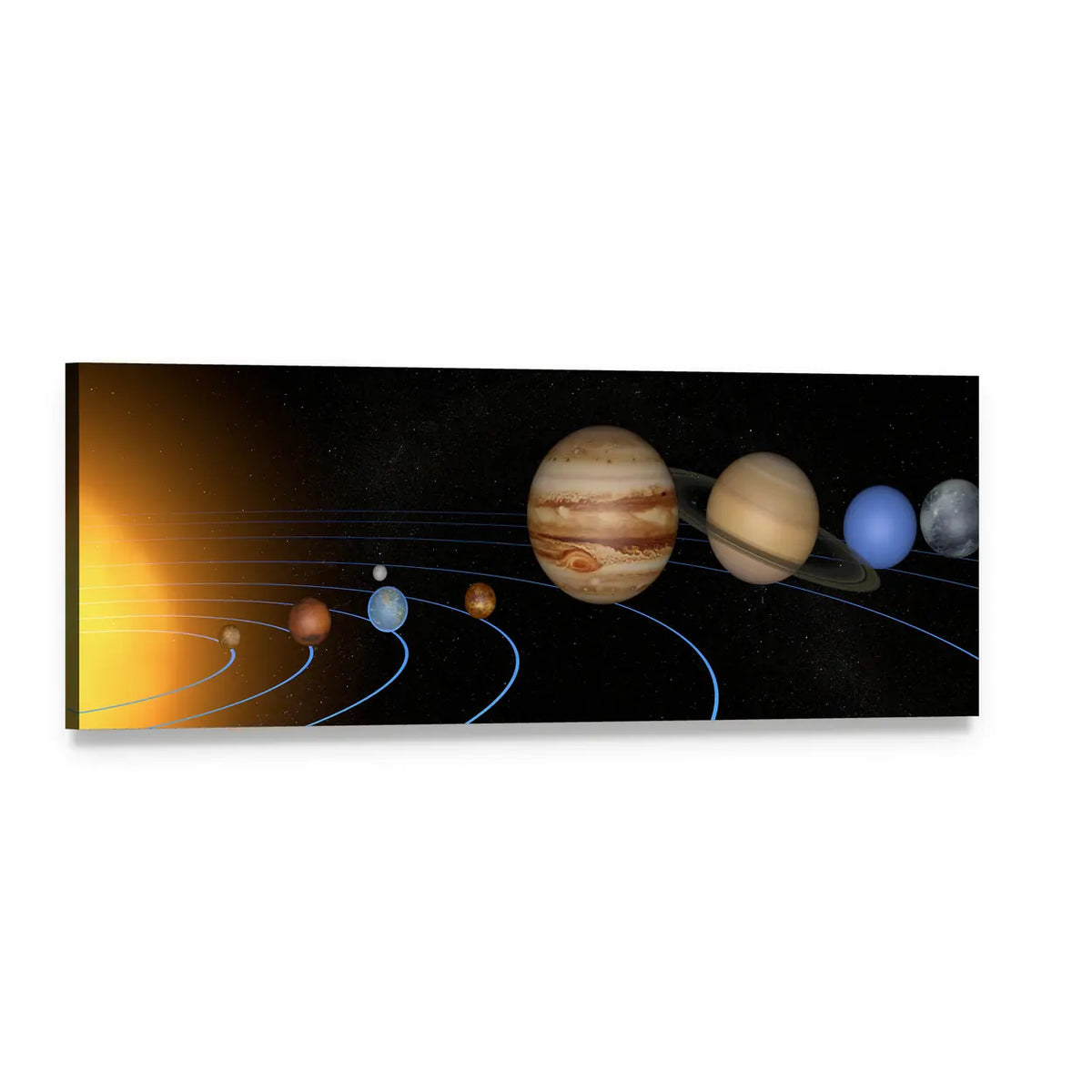 Solar System Planets with Orbital Paths Panoramic Canvas Wall Art, single panel gallery wrapped canvas, angled product view