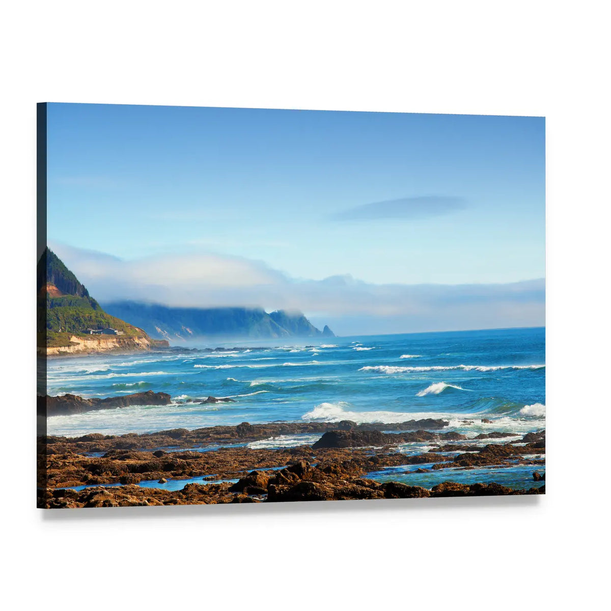 Rocky Shoreline with Crashing Waves and Misty Coastal Hills Canvas Wall Art, single panel gallery wrapped canvas, angled product view