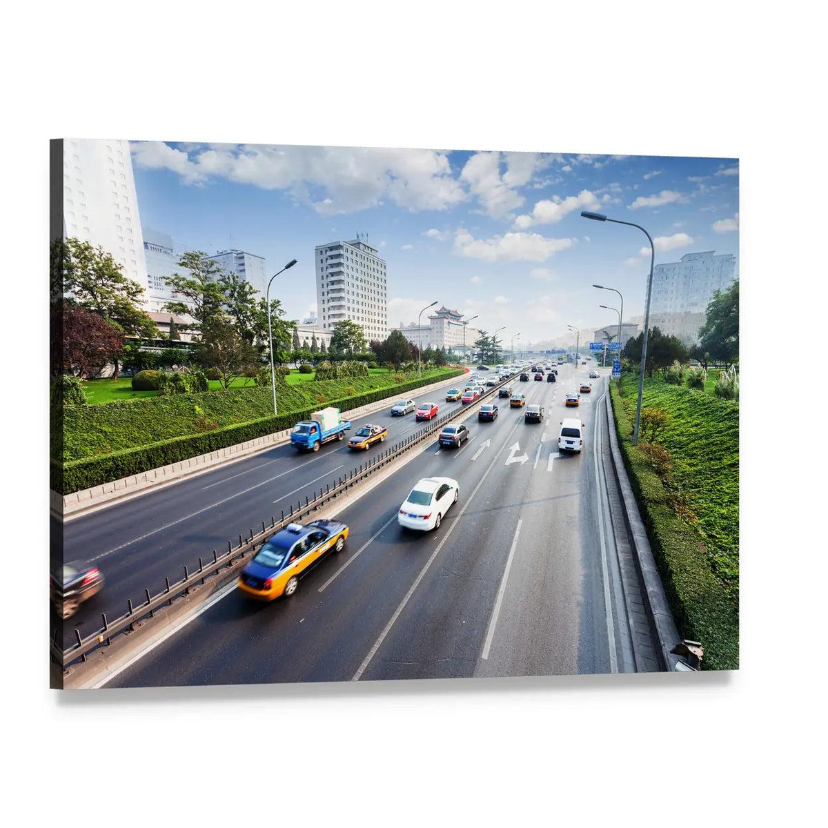 Aerial City Highway with Yellow Taxi Canvas Wall Art, single panel gallery wrapped canvas, angled product view